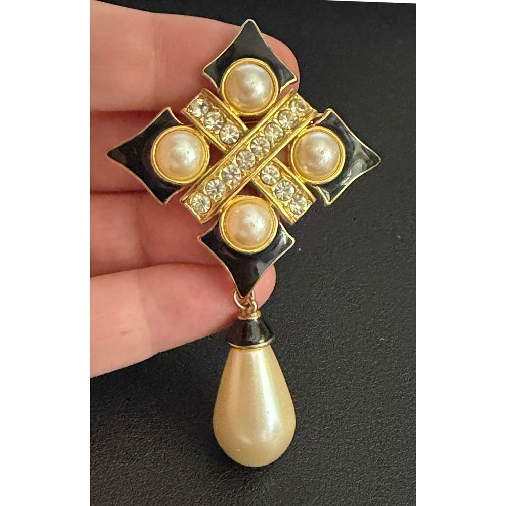 Vintage Maltese Cross Brooch Enamel Rhinestone Gold Black Faux Pearl